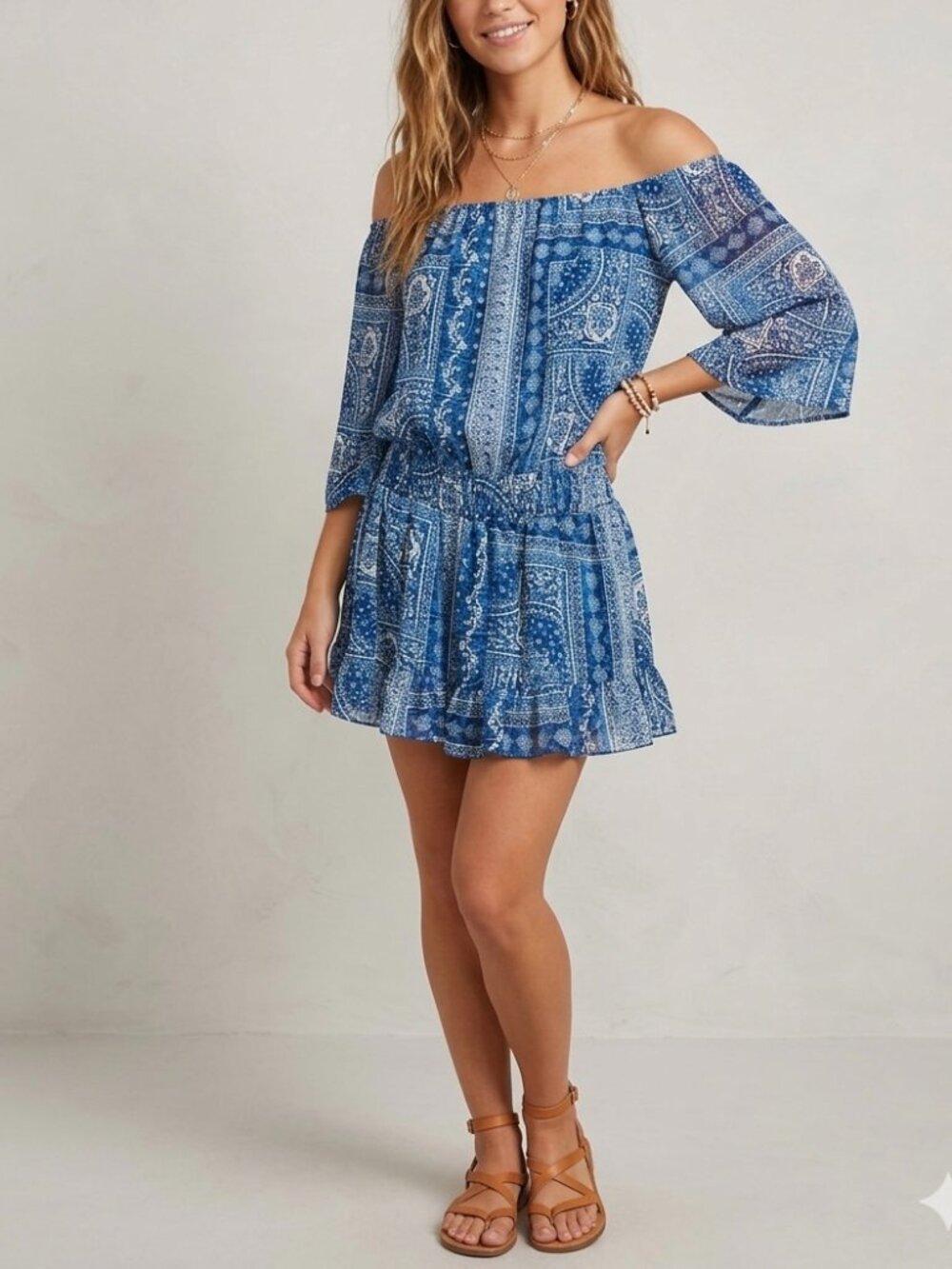 Surf Gypsy Womens Mini Dress/Cover Blue & White Paisley Sz. Small Boho Coastal
